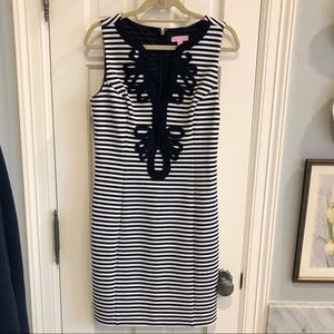 Sleeveless navy striped dress